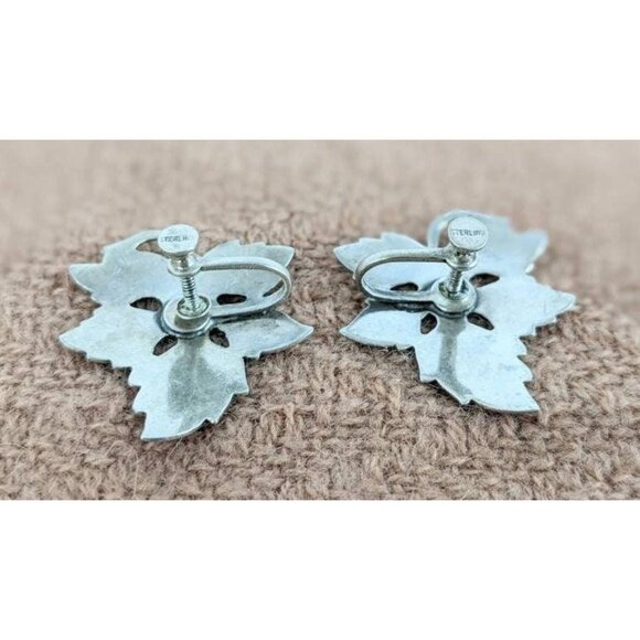 Vtg Sterling Silver Etched Maple Leaf Shape Earrings Screwback 925 Nature Estate - Picture 2 of 6